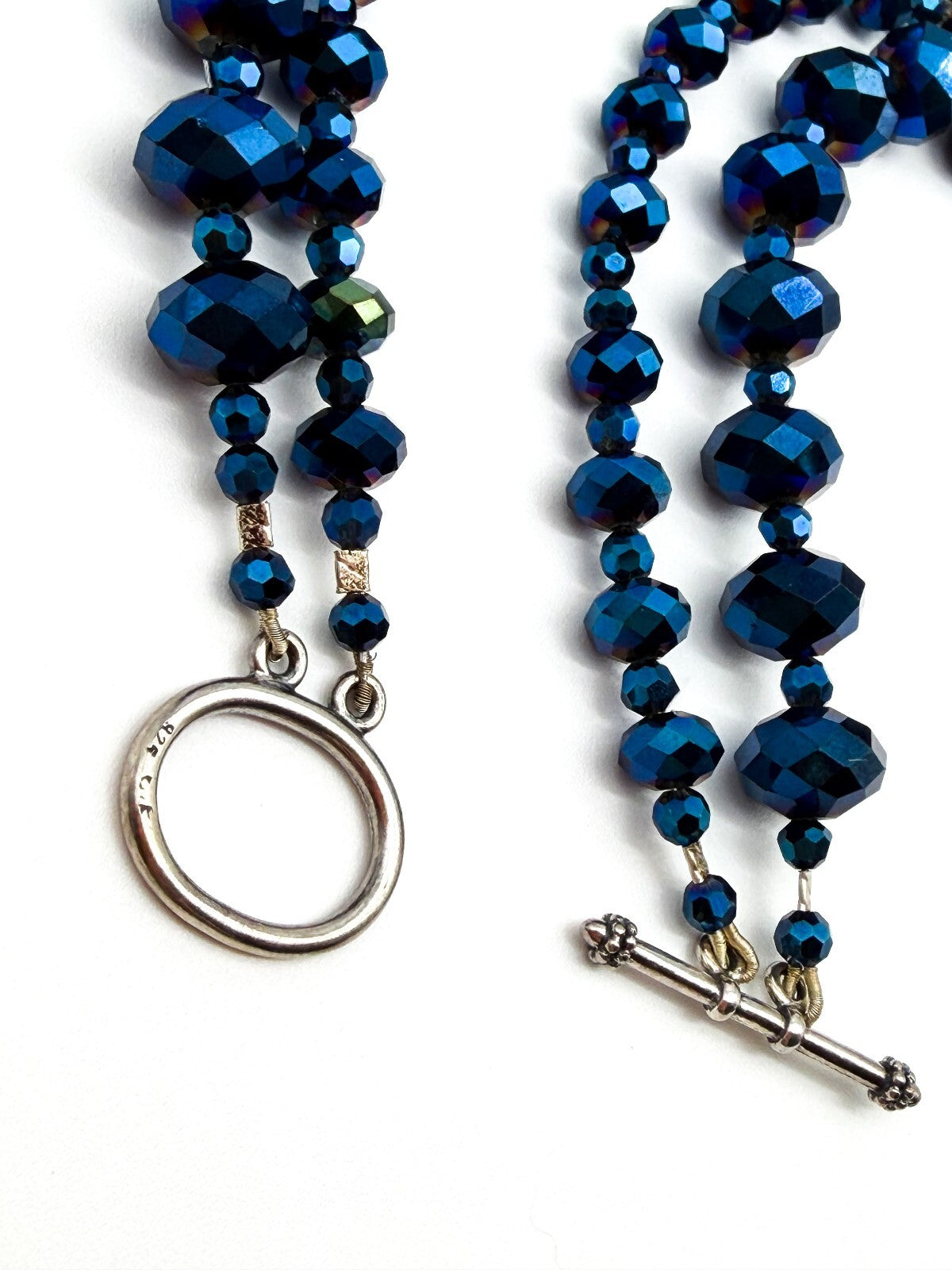 Multi Strand Blue Purple Iridescent Oil Slick Glass Beaded Necklace 925 Toggle
