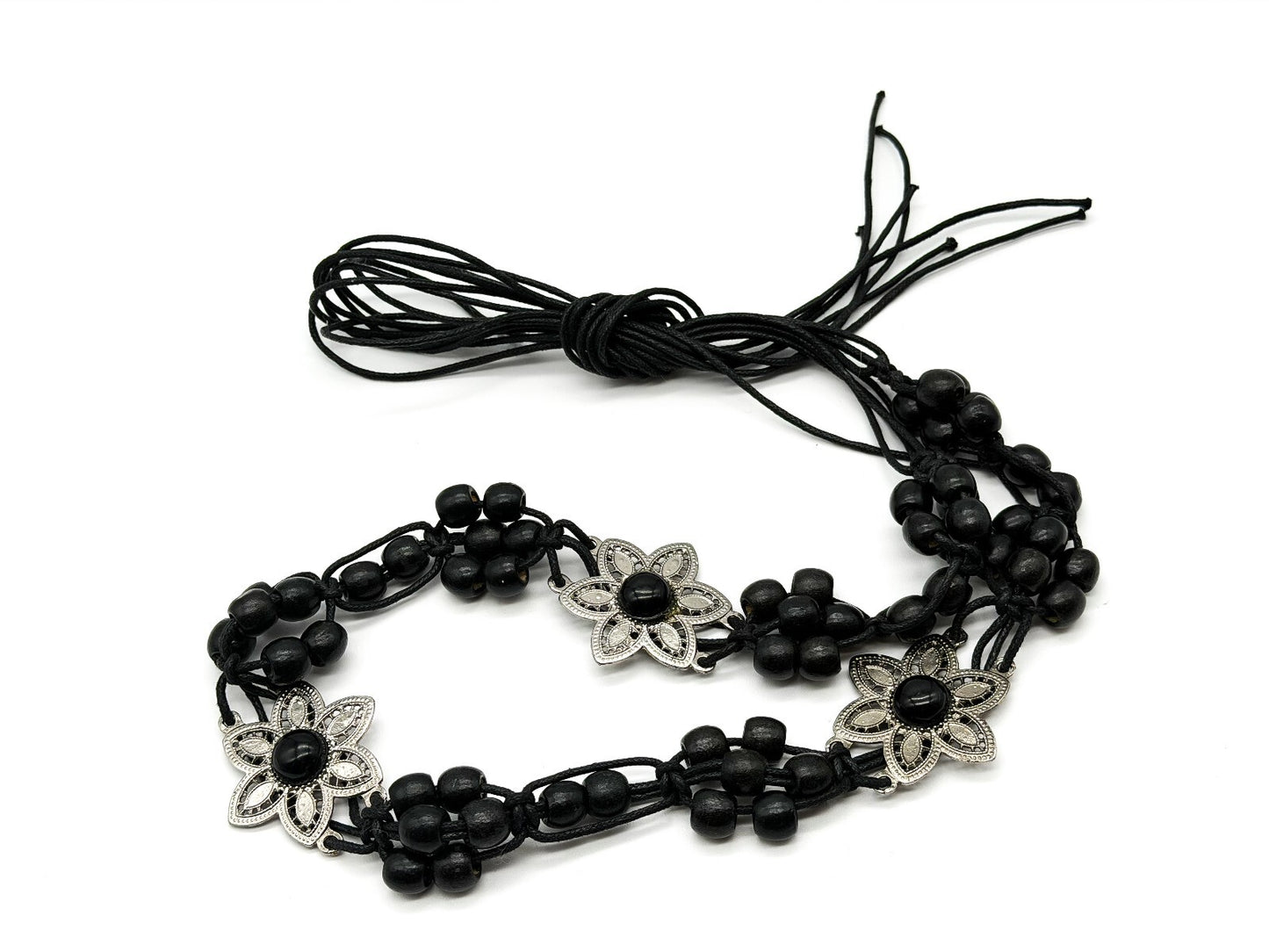 Vintage Black Wooden Bead Tie Belt Multi Strand Boho Floral Silver Tone