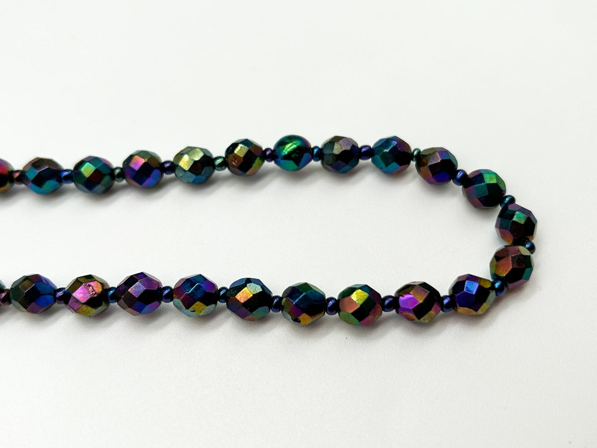 Vintage Carnival Glass Bead Necklace Peacock Iridescent Faceted 19”
