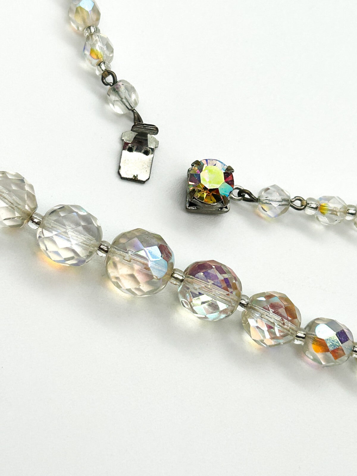 Vintage Aurora Borealis Crystal Necklace Faceted Glass Rhinestone Box Clasp 18"