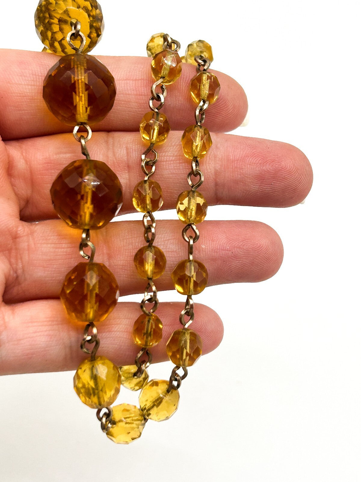 Vintage Graduated Amber Yellow Glass Bead Necklace Faceted Gold Tone 19”