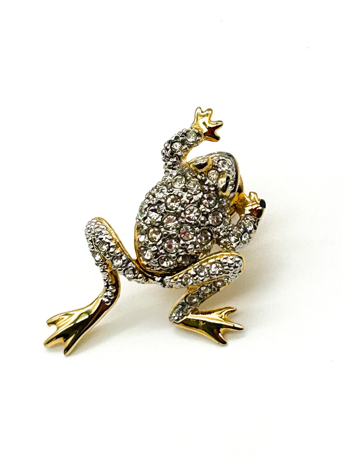 Vintage Articulated Legs Frog Gold Tone Pave Rhinestone Novelty Animal Pin Fun