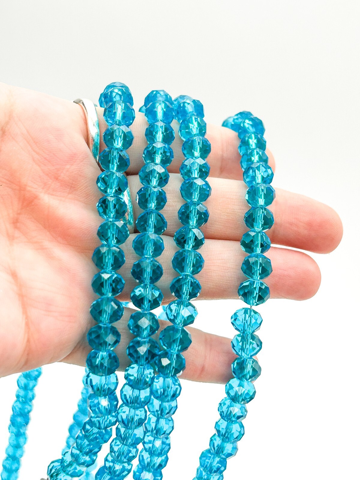 Long Aqua Blue Crystal Glass Bead Necklace Faceted Rondelle Multi Wrap 80”