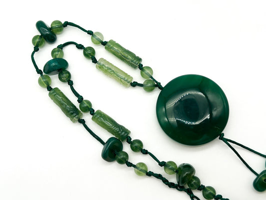 Vintage Green Aventurine Necklace Macrame Disc Pendant Boho Gemstone Tassel