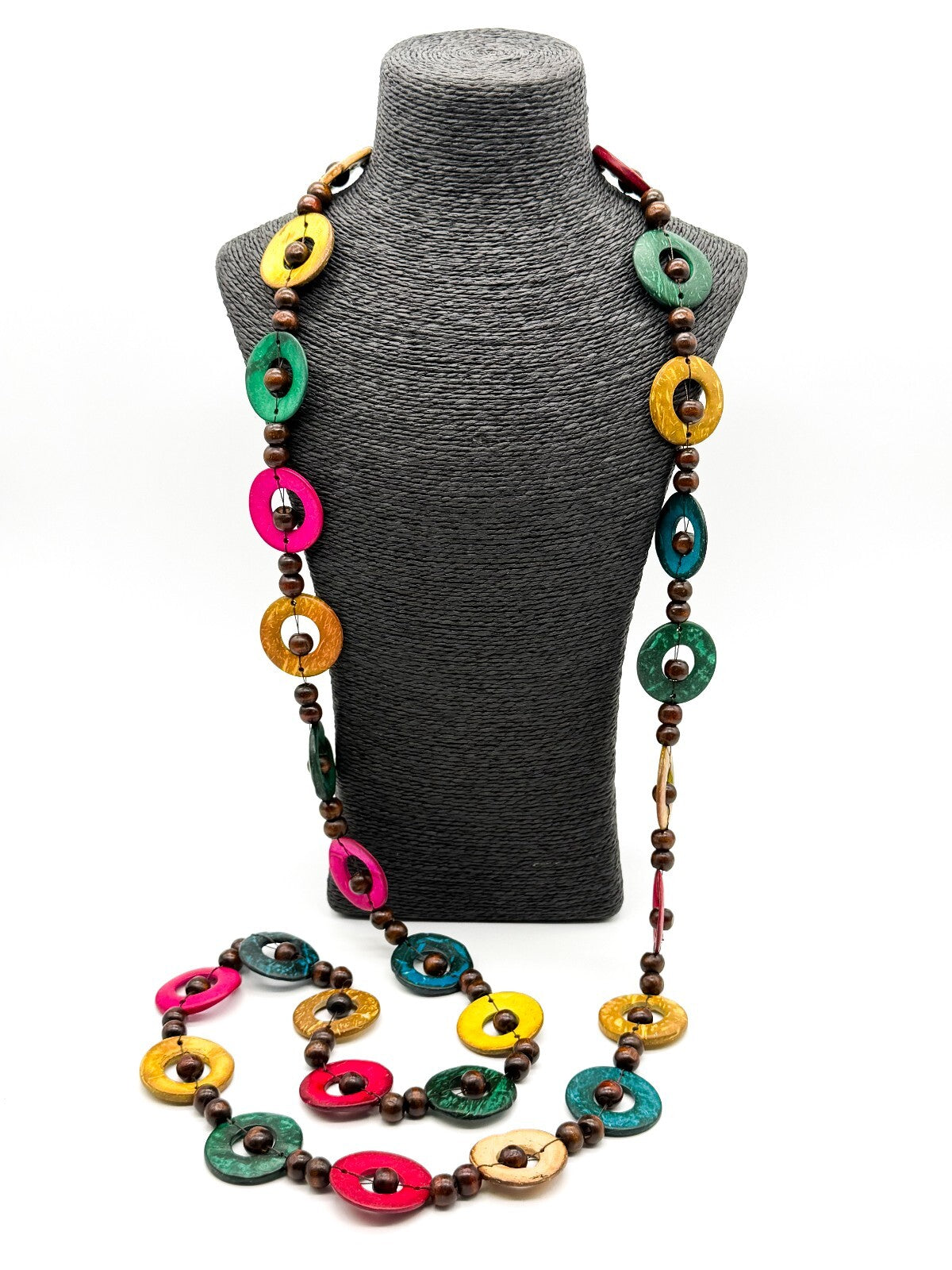 Colourful Dyed Coconut Shell & Wood Bead Necklace Boho 28” Long Festival