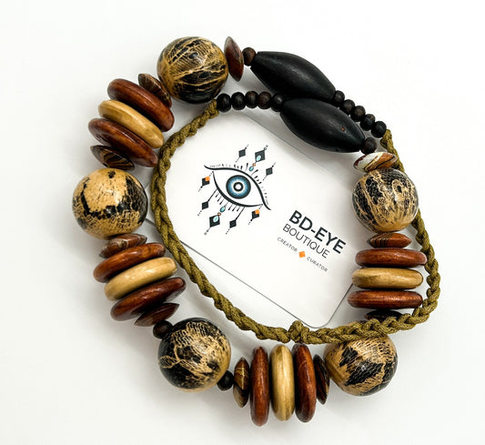 Vintage Chunky Wood Necklace Snakeskin Effect Beads Boho Statement 23”