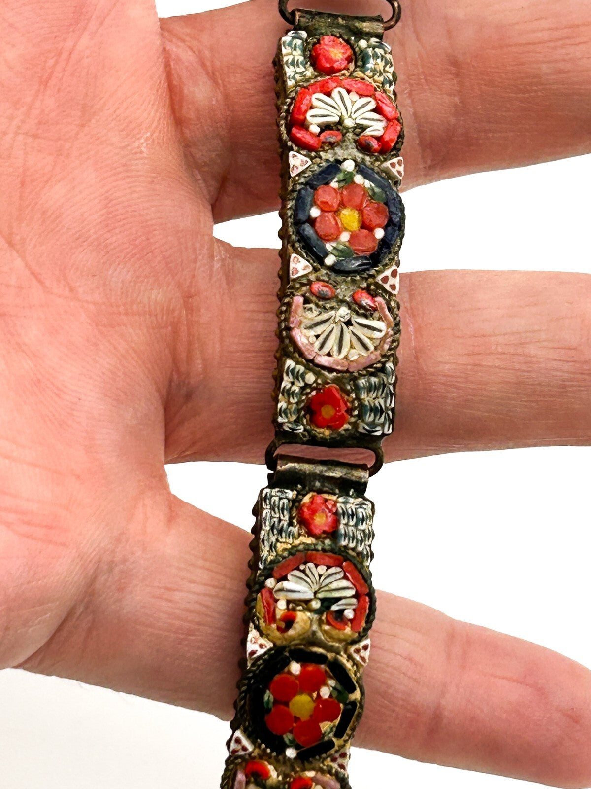 Vintage Italian Micro Mosaic Bracelet RM Made In Italy Red Floral Panel Bracelet