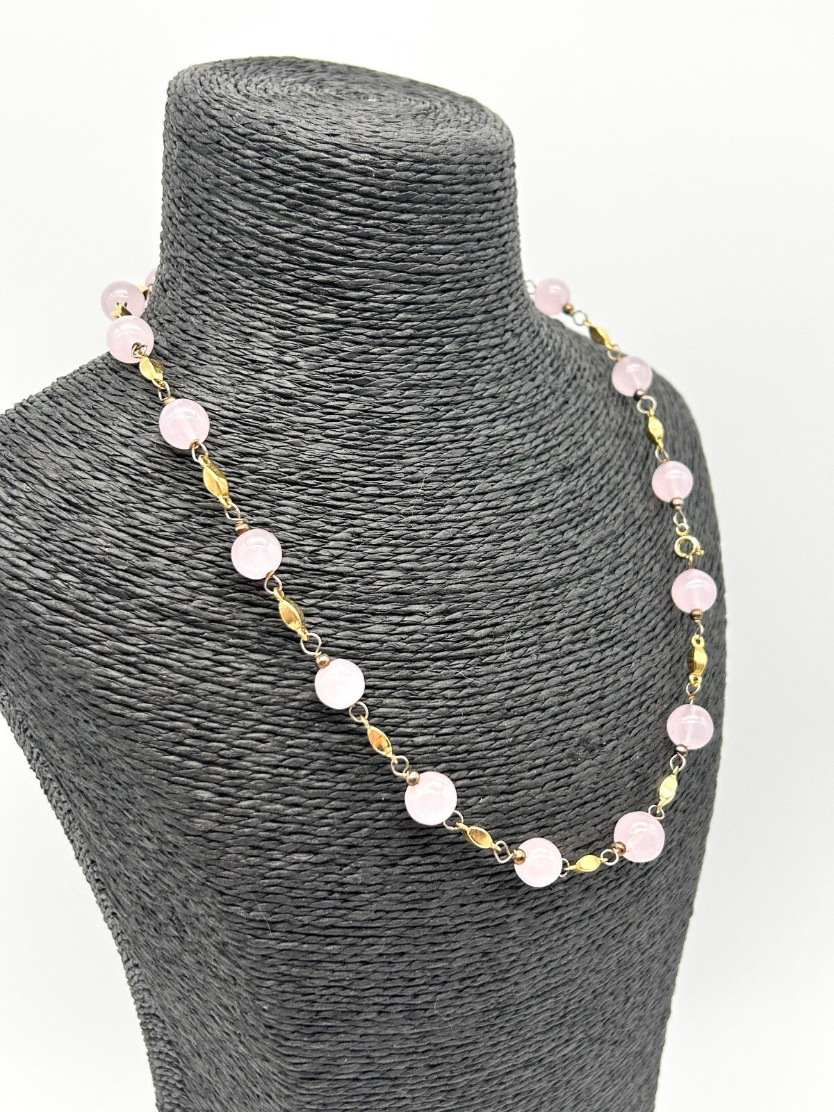 Vintage Pastel Pink Glass Bead Necklace Gold Tone Station Necklace 20”