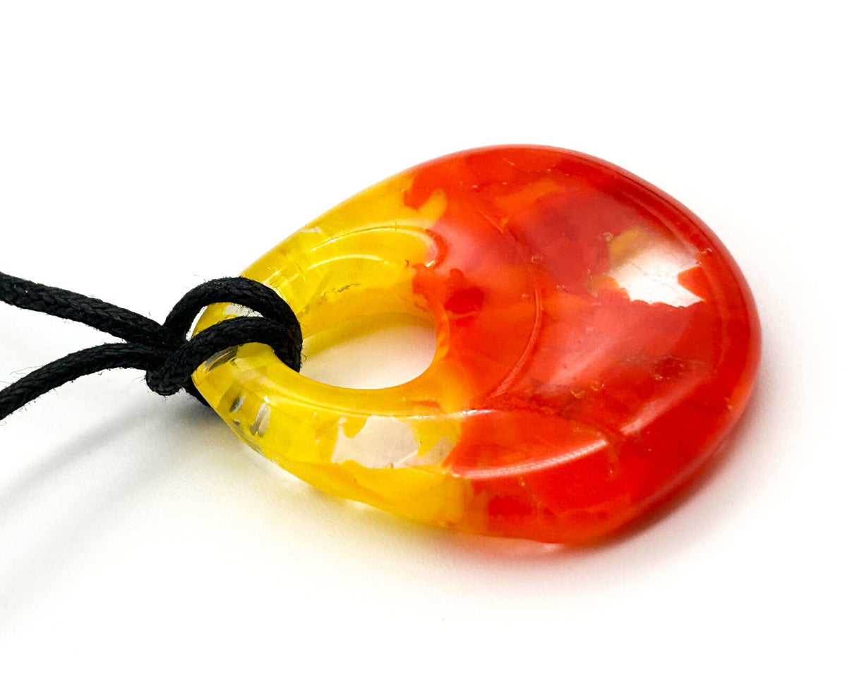 Art Glass Pendant Necklace Yellow Orange Abstract Glass Contemporary Black Cord