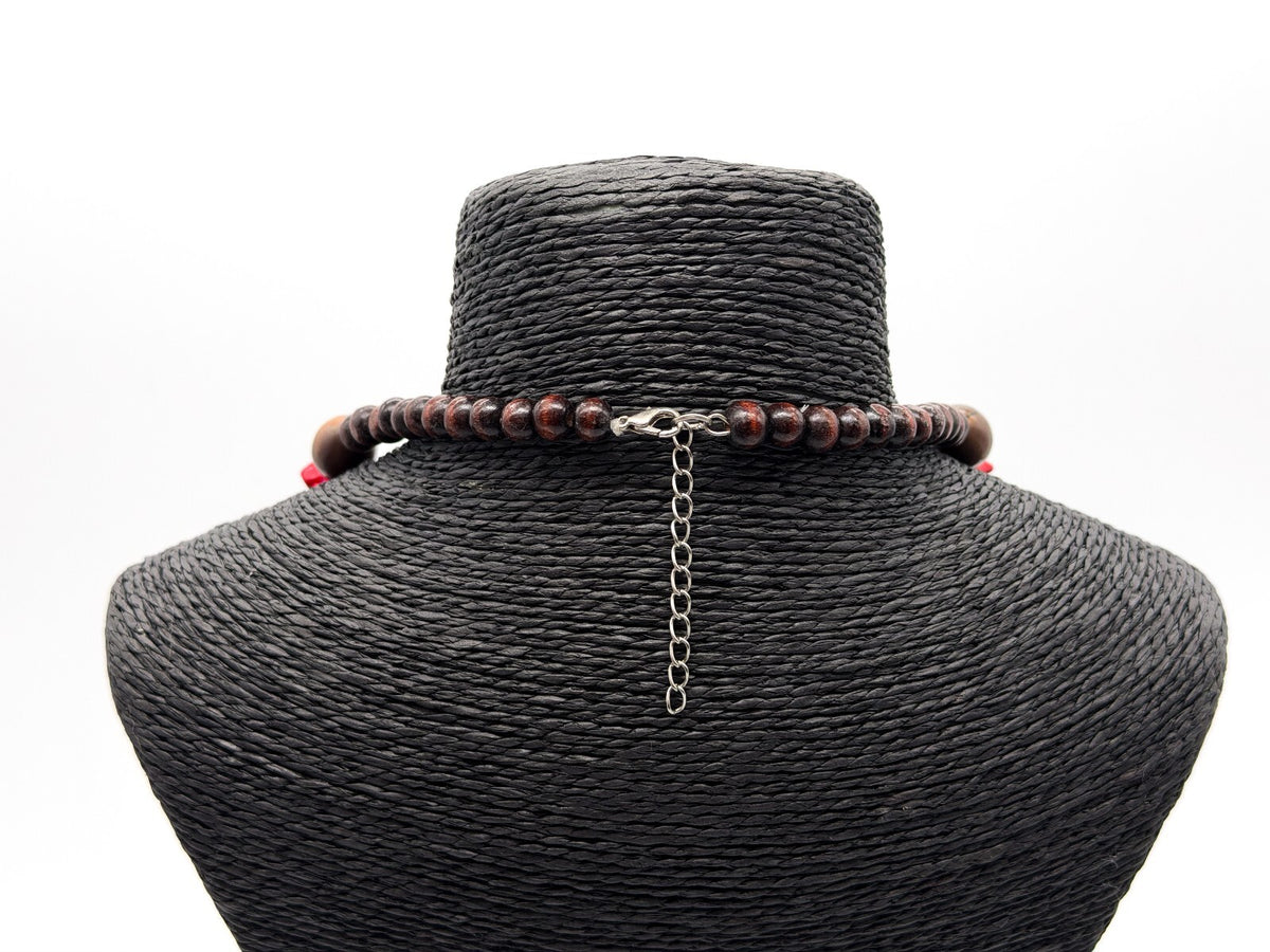 Red Coral Chip 5 Strand Necklace Wood Beads AB Glass Seed Beads 26” Statement