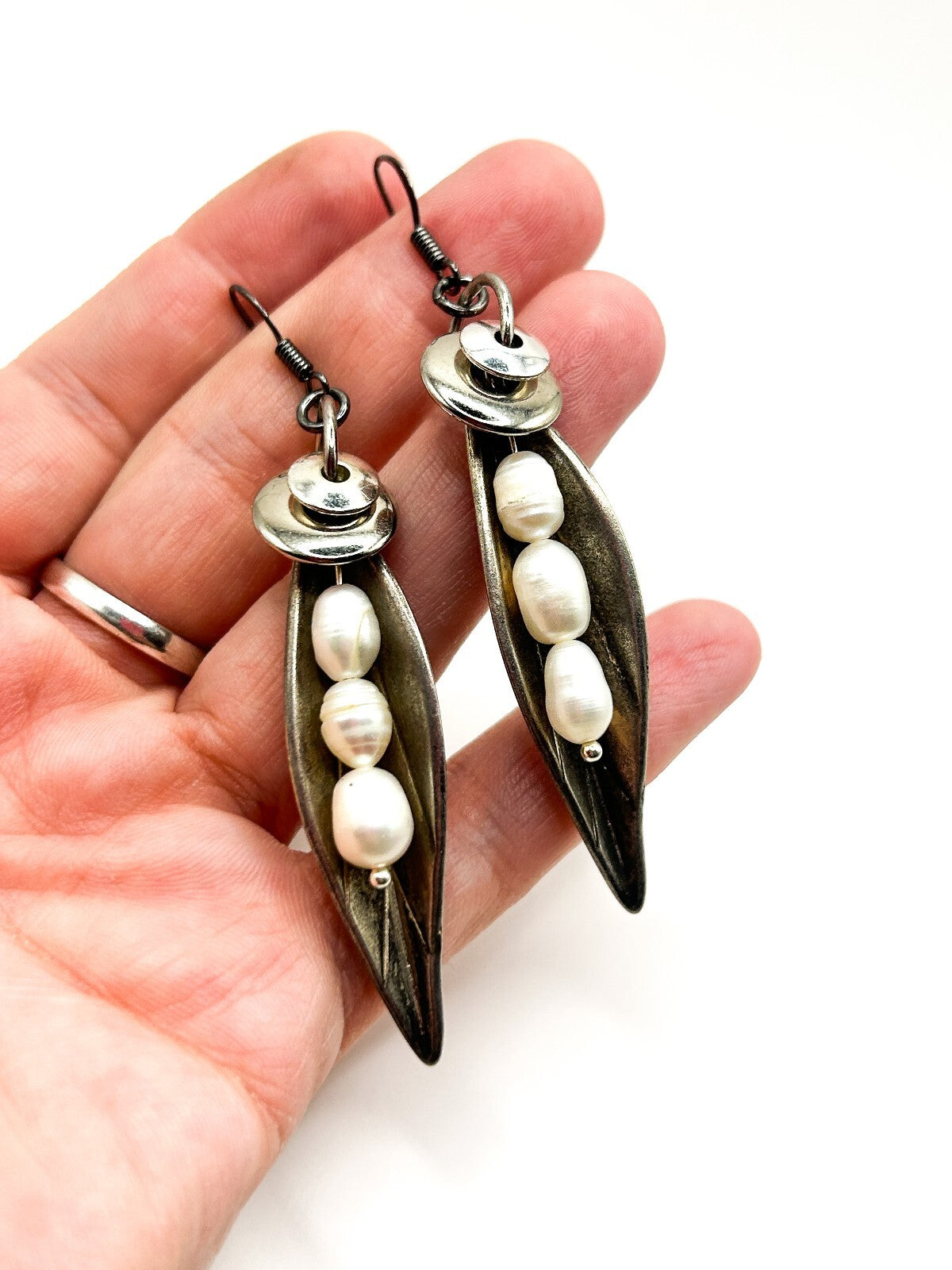Freshwater Pearl Sculptural Leaf Earrings Silver Tone BD-Eye Original