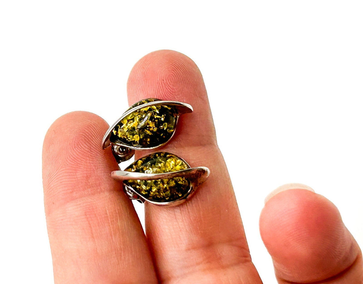 925 Sterling Silver Genuine Green Baltic Amber Leaf Stud Earrings Tested