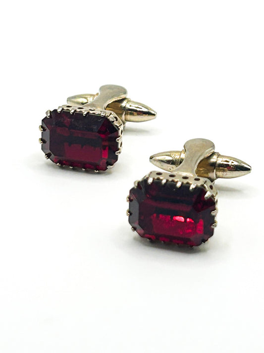 Vintage Ruby Red Faceted Glass Gold Tone Cufflinks PAT APP Prong Set 1950s 60s