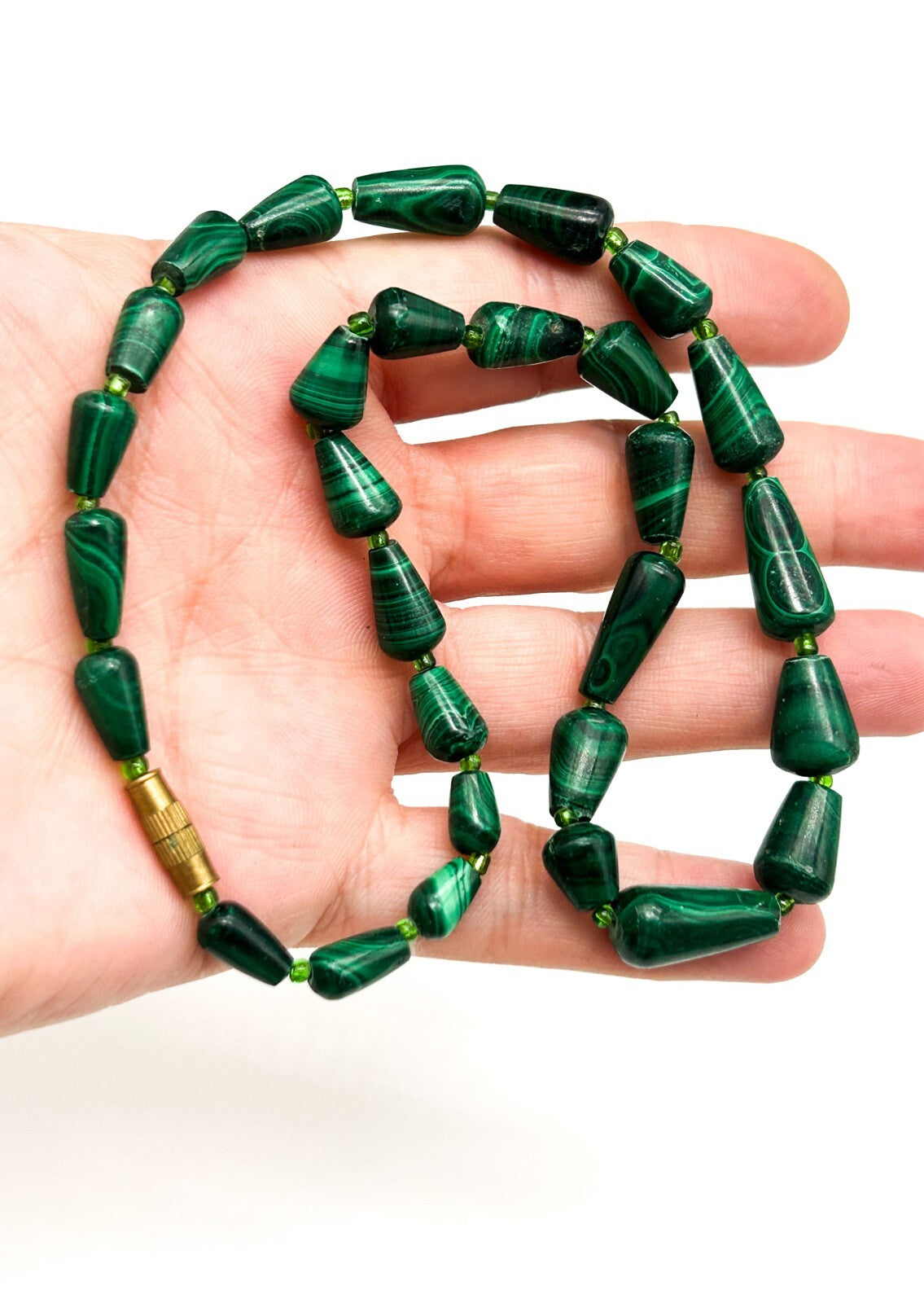 Vintage Genuine Malachite Bead Necklace Green Gemstone Cone Beads 15.5”