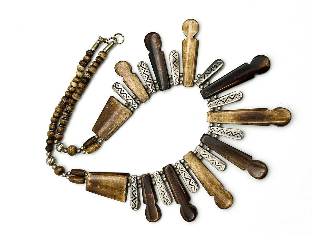 Vintage Boho Fringe Necklace Carved Organic Material Silver Tone Tribal Bib