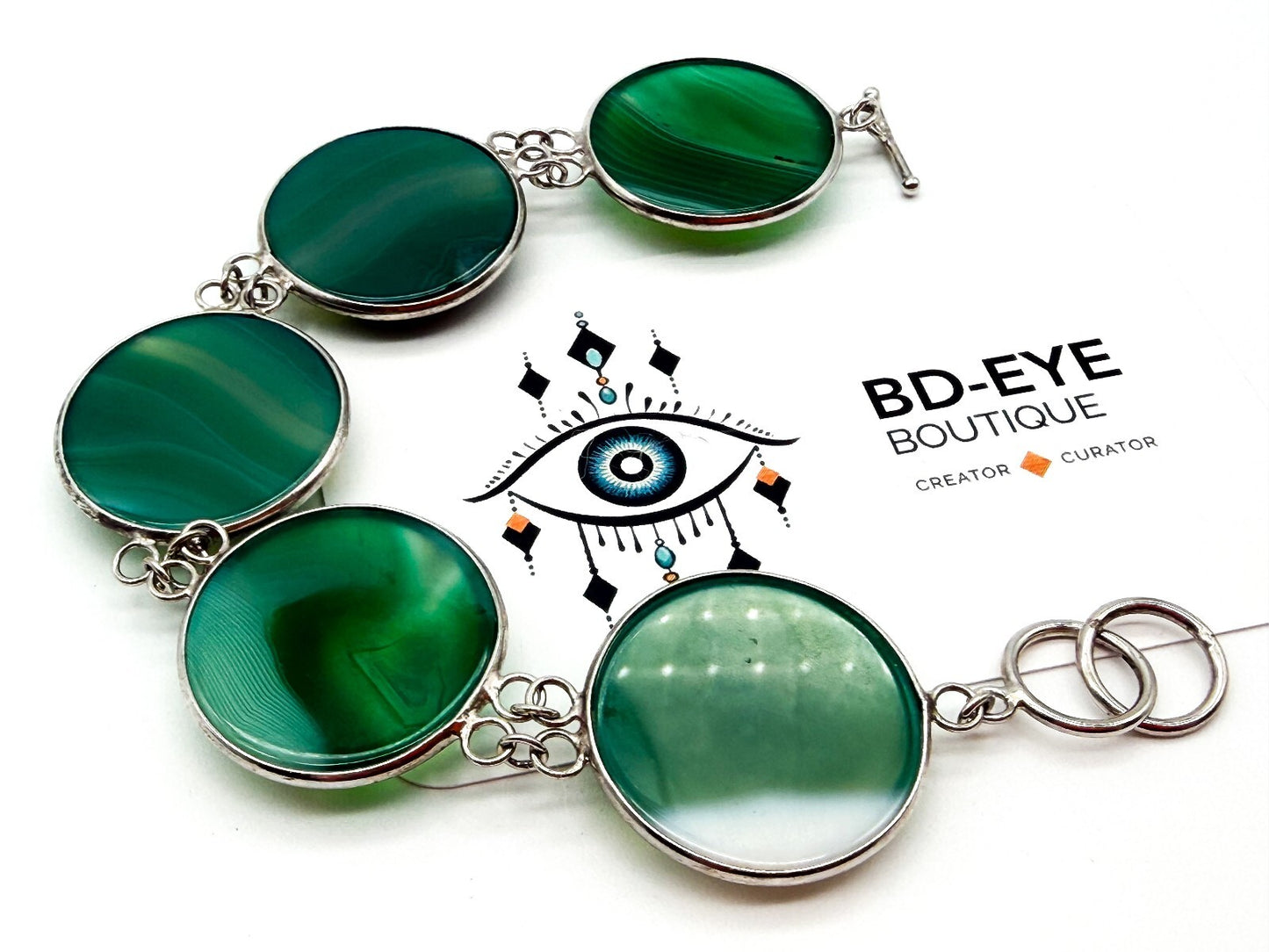 925 Sterling Silver Plated Green Agate Link Bracelet Open Bezel Gemstone Toggle