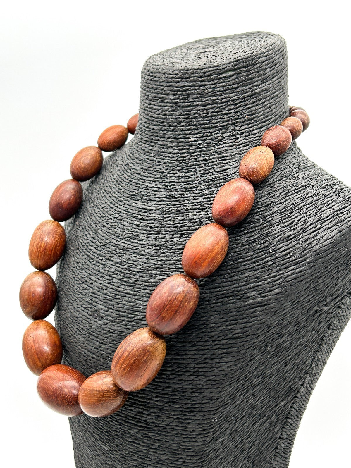 Vintage Chunky Wood Bead Necklace Graduated Oval Natural Wooden Beads