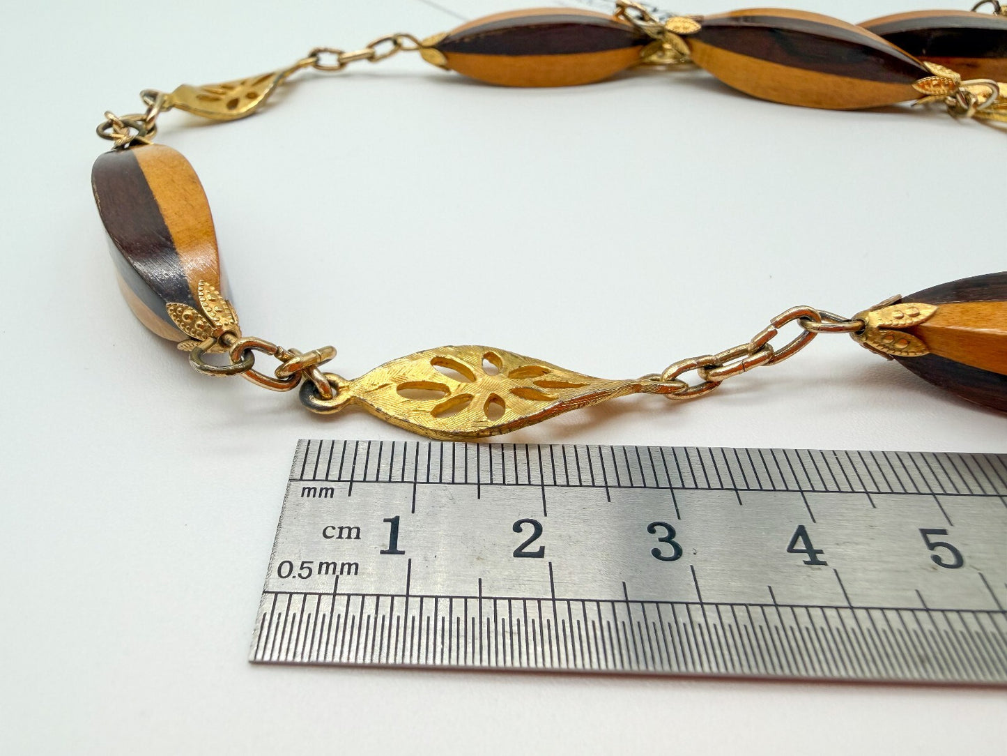 Vintage Two Tone Wood Necklace Gold Tone Openwork Floral Links Long