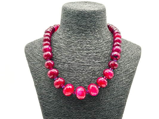 Chunky Ruby Red Quartz Necklace Faceted Magenta Gemstone Statement Toggle Clasp
