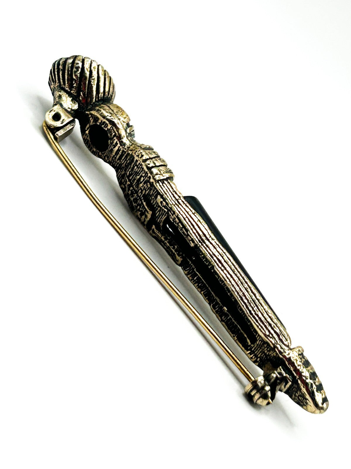 Vintage Miracle Black Glass Kilt Pin Brooch Antiqued Gold Tone Signed