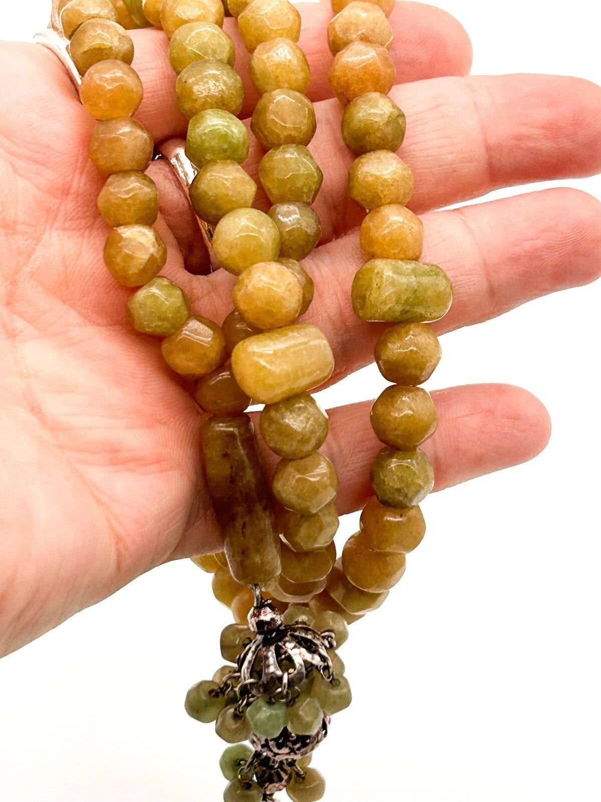 Vintage Yellow Jade Beaded Necklace Green Jade Tassel Pendant Gemstone