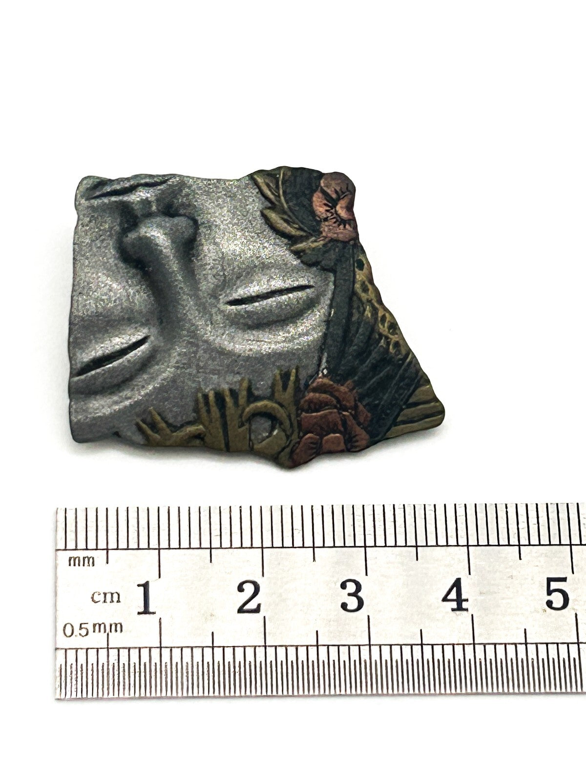 Vintage Pewter Face Brooch Floral Flower Headdress Oriental Pin Abstract Art