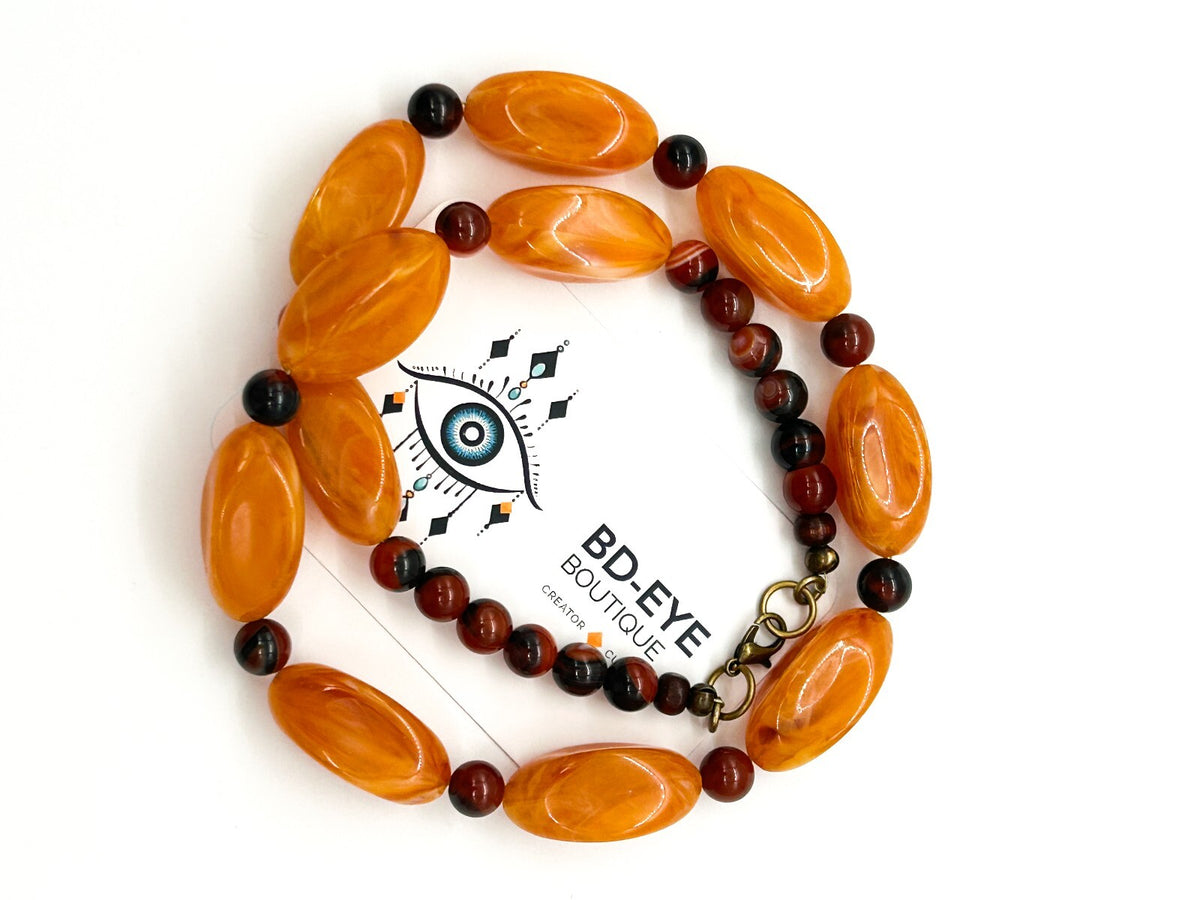 Orange Lucite Banded Agate Beaded Necklace Chunky Boho Statement 21.5”