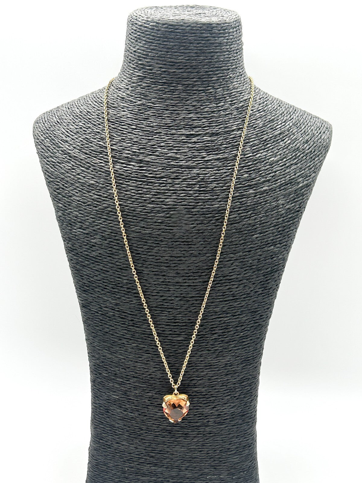 Vintage Gold Tone Smoky Amber Crystal Heart Pendant Necklace Faceted Glass 24”