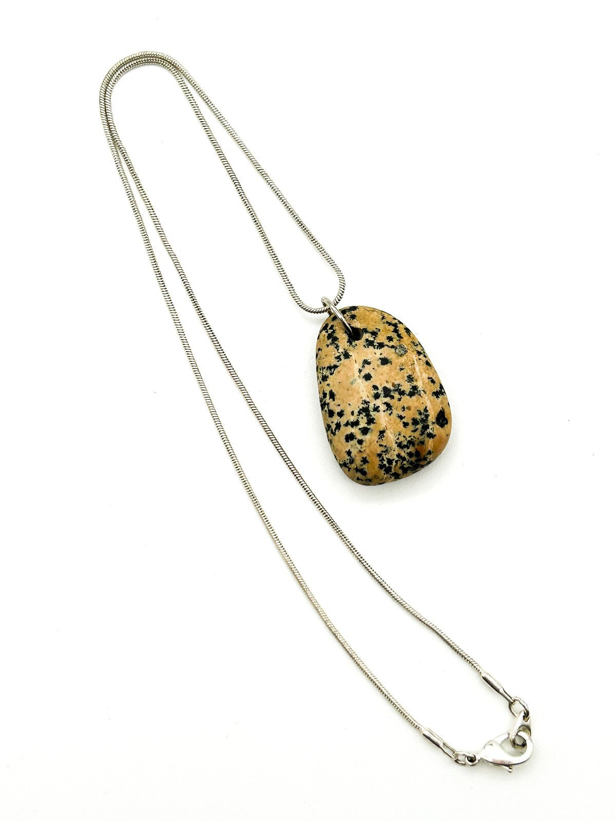 Dalmatian Jasper Pendant Necklace Natural Gemstone Silver Tone Snake Chain