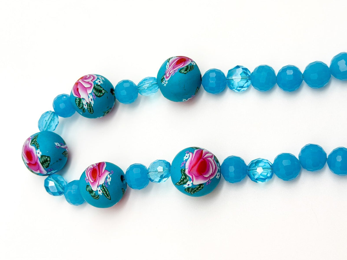 Blue Floral Statement Necklace Polymer Clay Rose Beads Faceted Glass Artisan