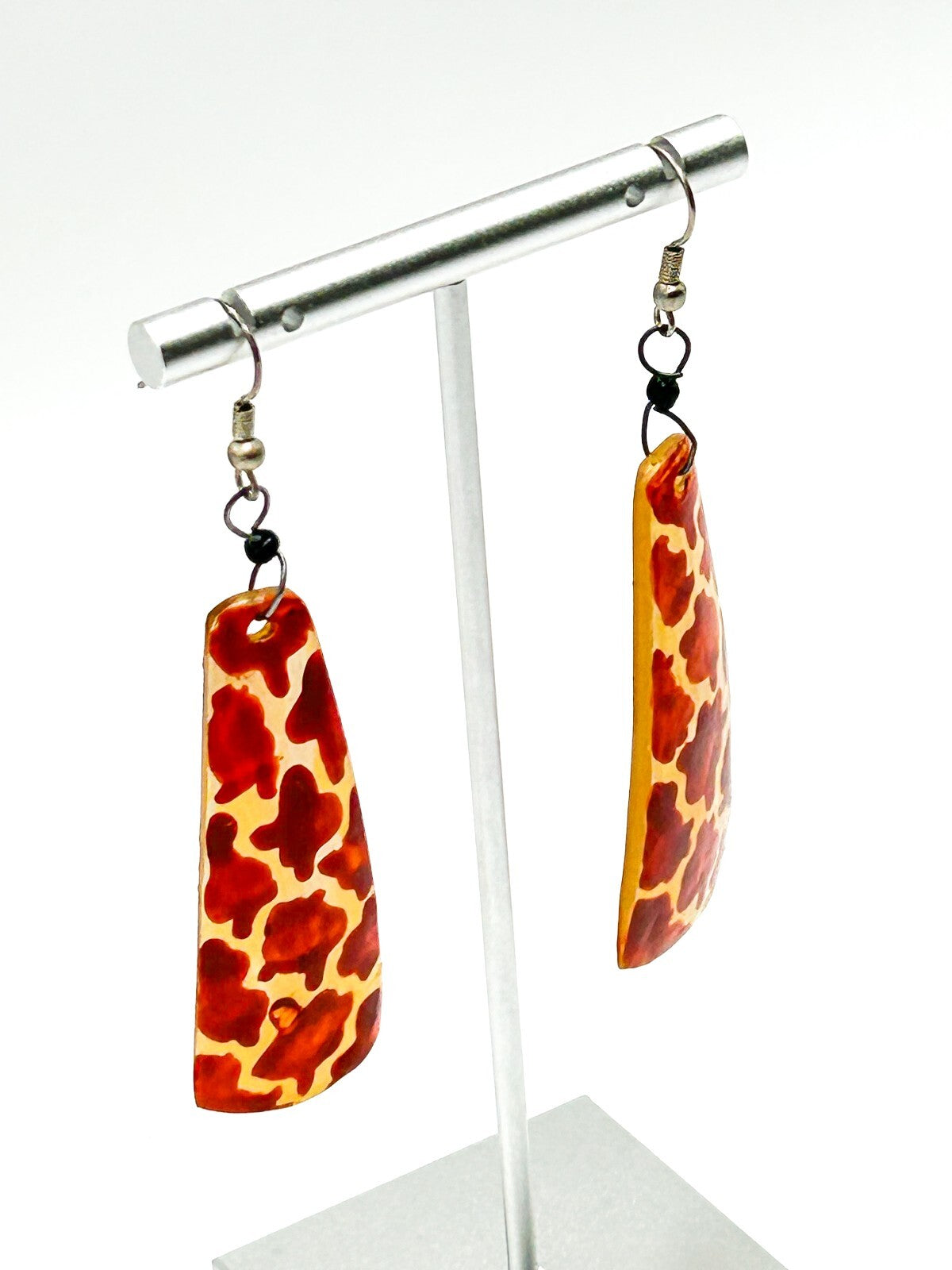 Vintage Hand Painted Organic Material Giraffe Print Drop Earrings Safari Boho
