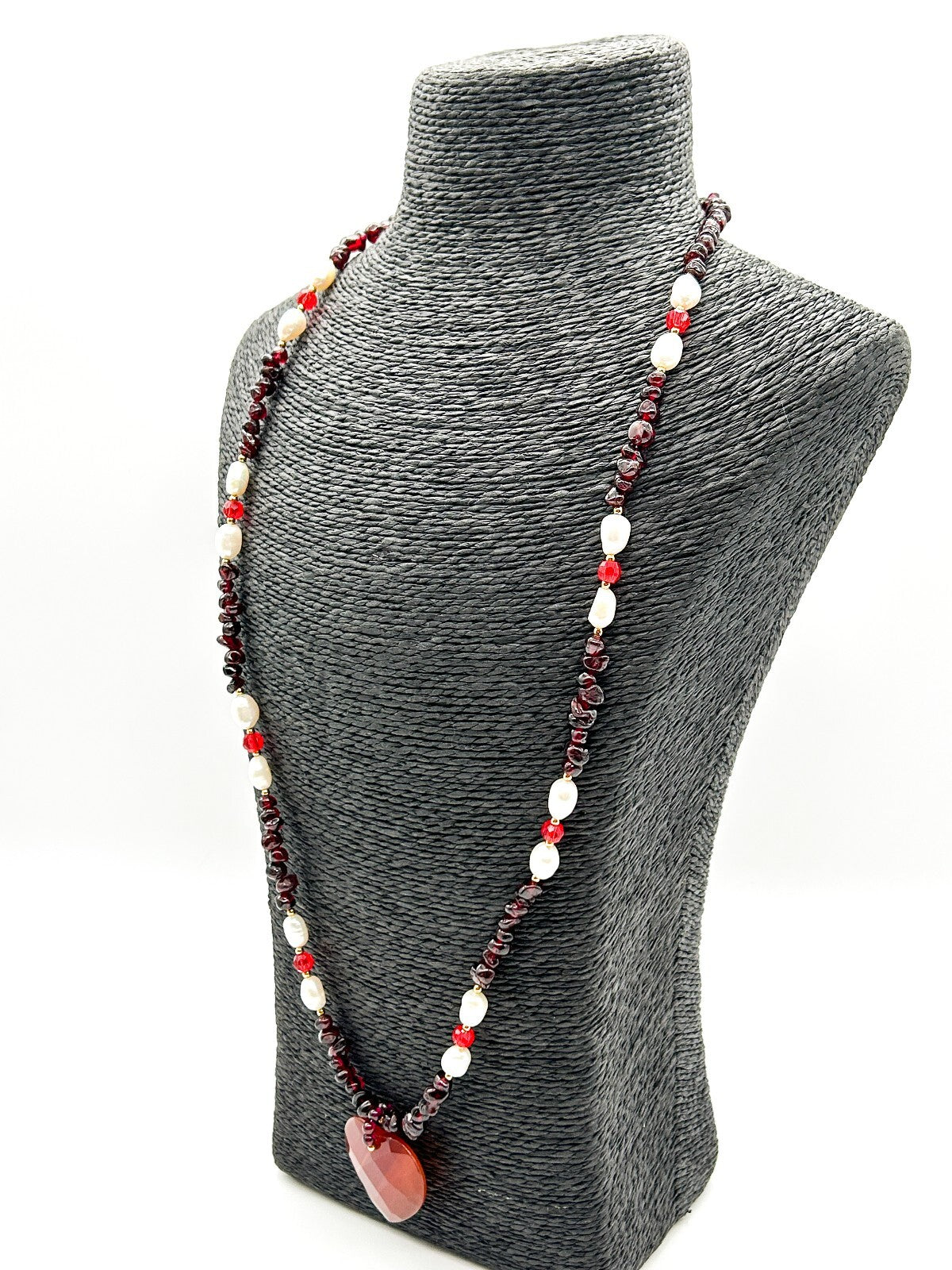 Long Garnet Necklace Freshwater Pearls Carnelian Heart Pendant Gemstone