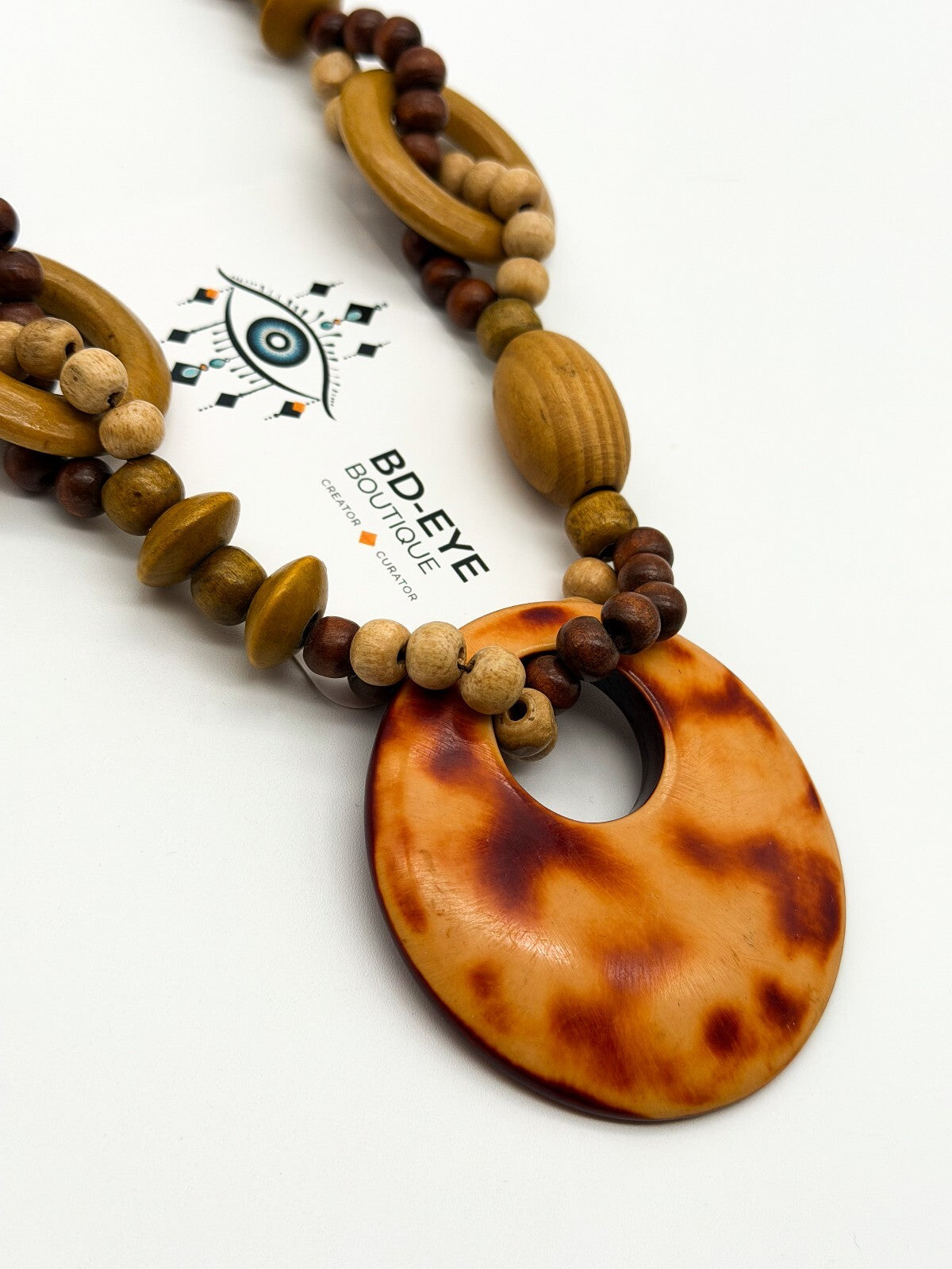 Boho Wood & Resin Statement Necklace Large Disc Pendant Natural Wooden Beads