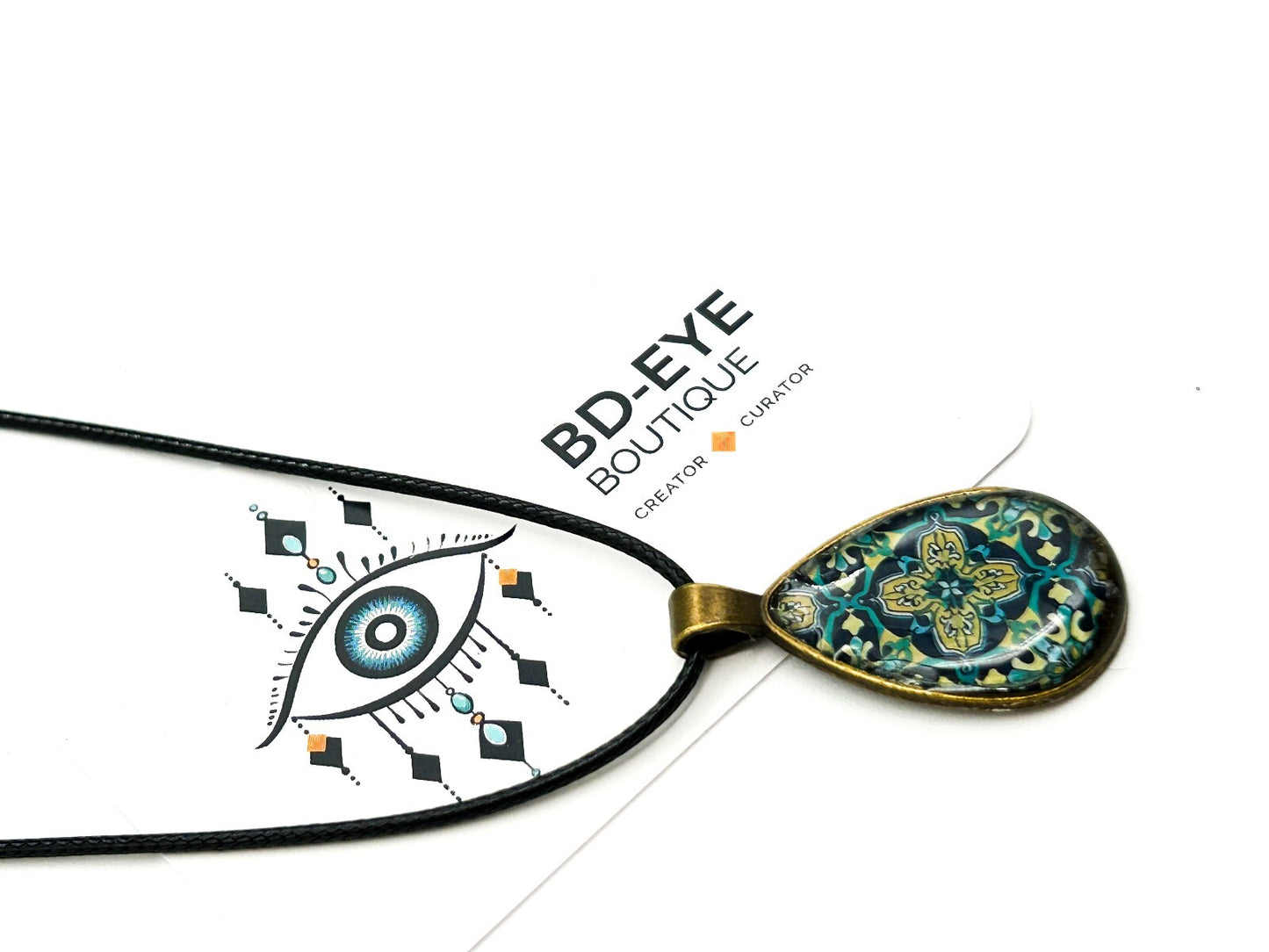 Brass Tone Floral Resin Teardrop Pendant Necklace Blue Geometric Pattern