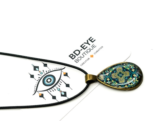 Brass Tone Floral Resin Teardrop Pendant Necklace Blue Geometric Pattern