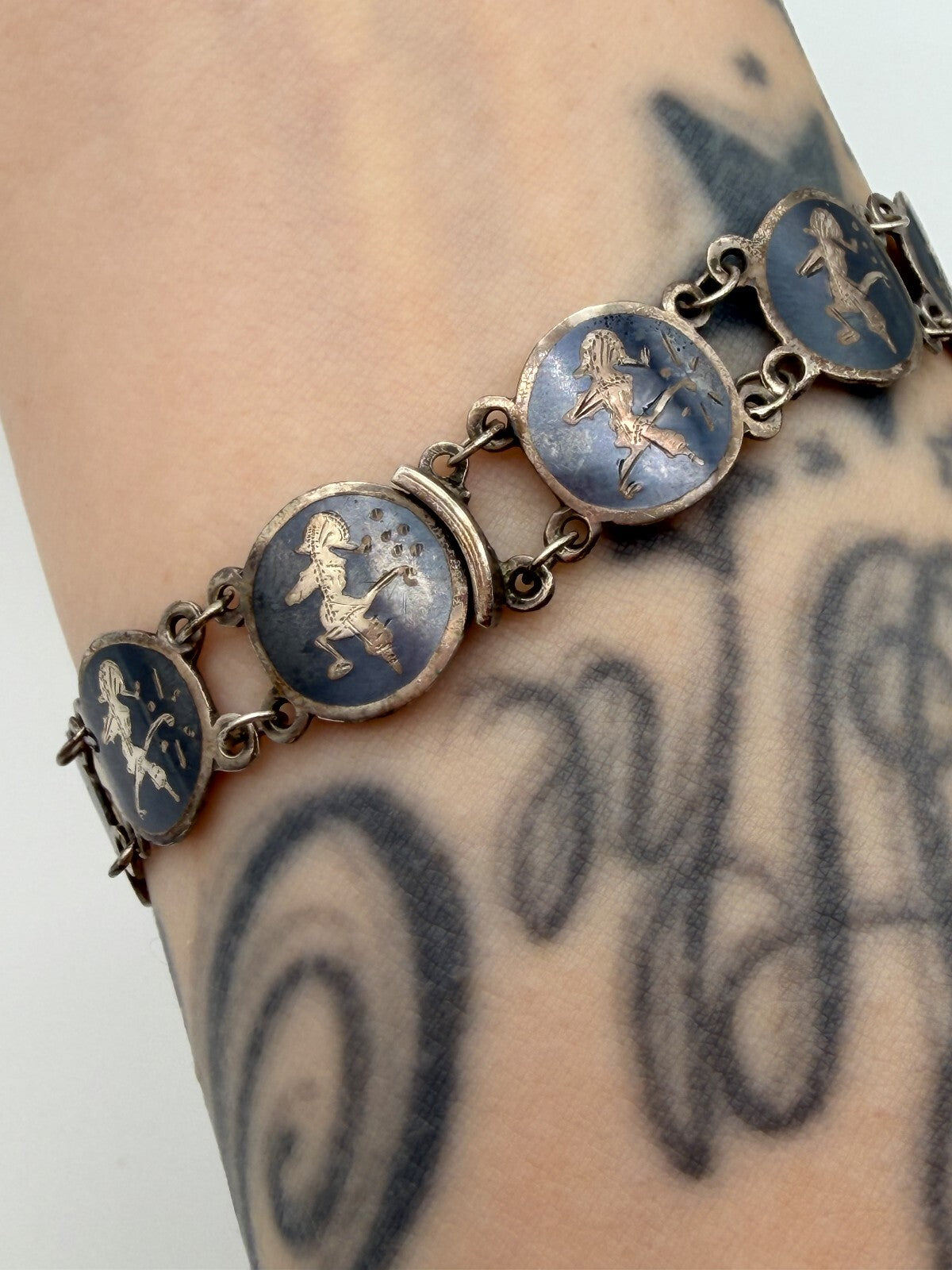 Vintage Siam Sterling Silver Niello Bracelet Thai Dancer Panels 7.5”