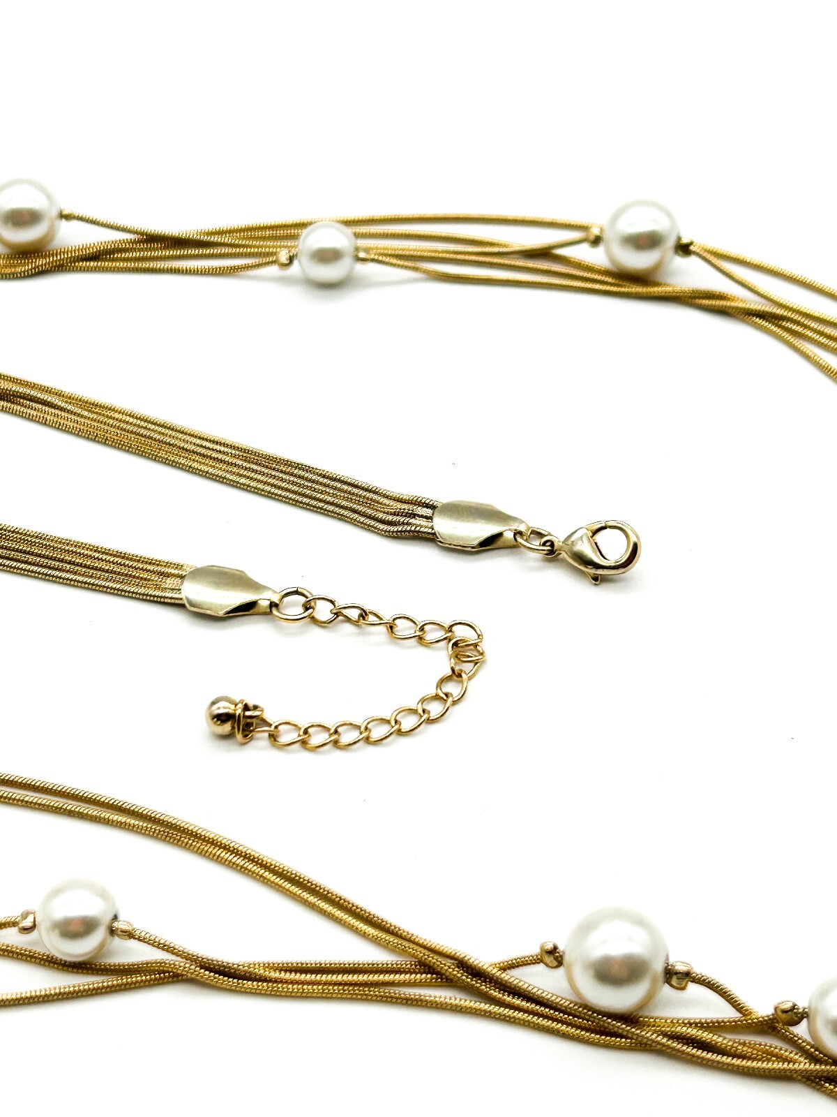 Vintage Gold Tone Multi Strand Snake Chain Necklace Faux Pearl Long Layered