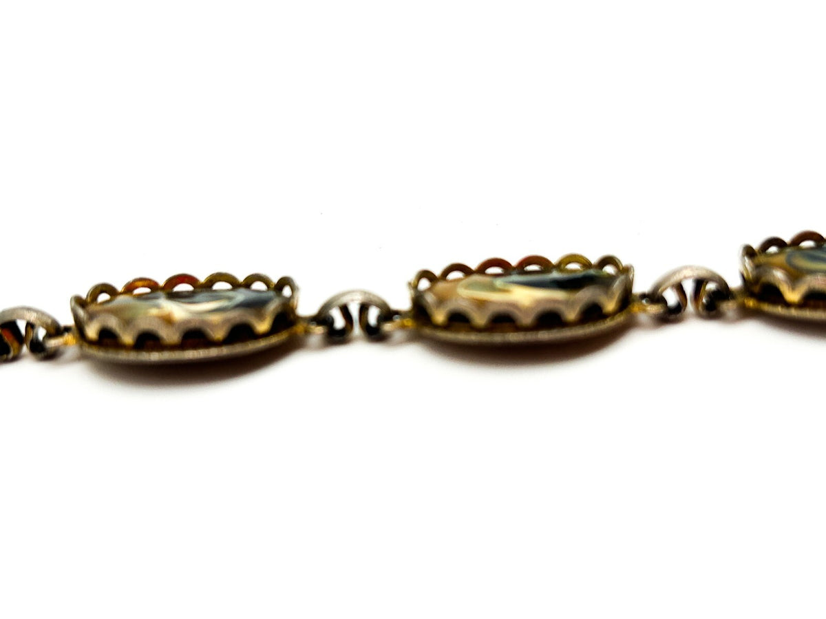 Vintage Enamel Panel Bracelet Gold Blue White Marbled Swirl Oval Bracelet 7.5”