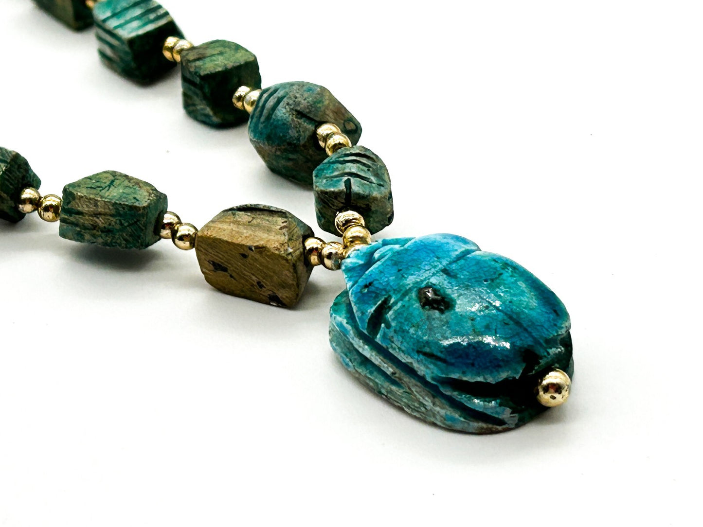 Vintage Egyptian Revival Scarab Necklace Blue Green Ceramic Beetle Pendant