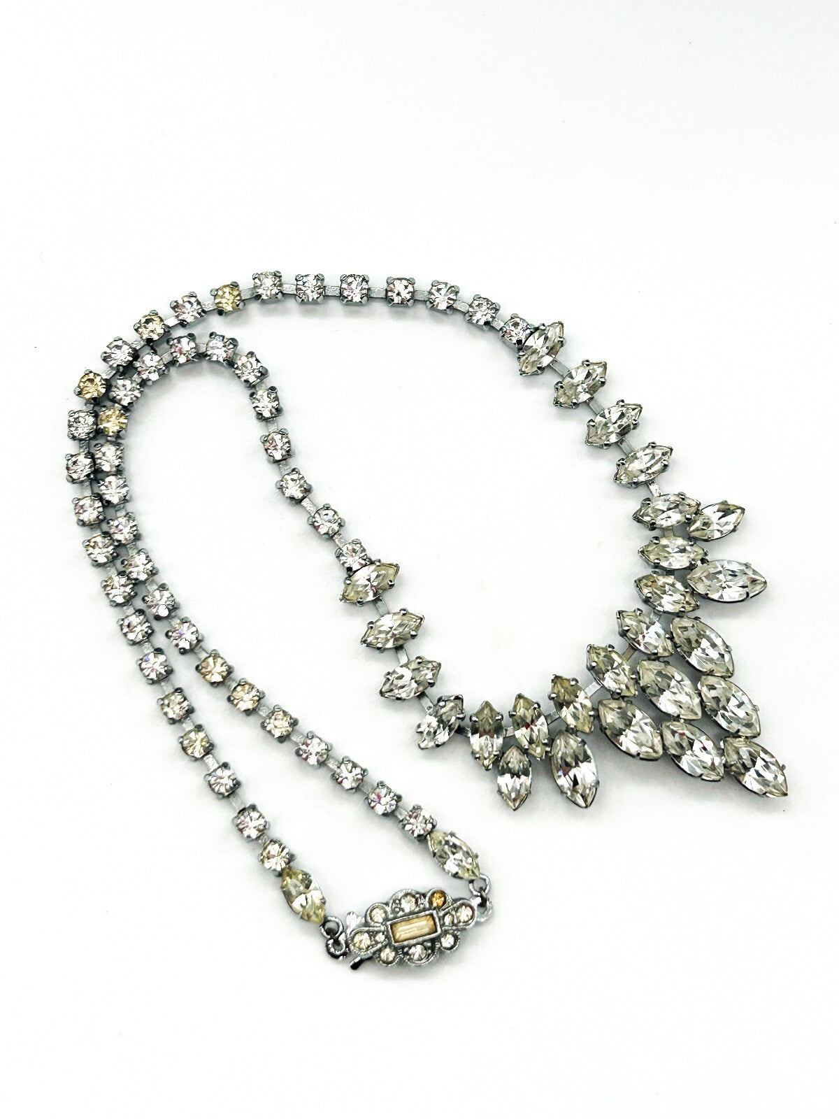 Vintage Clear Marquise Rhinestone Statement Necklace Silver Tone Bridal Wedding