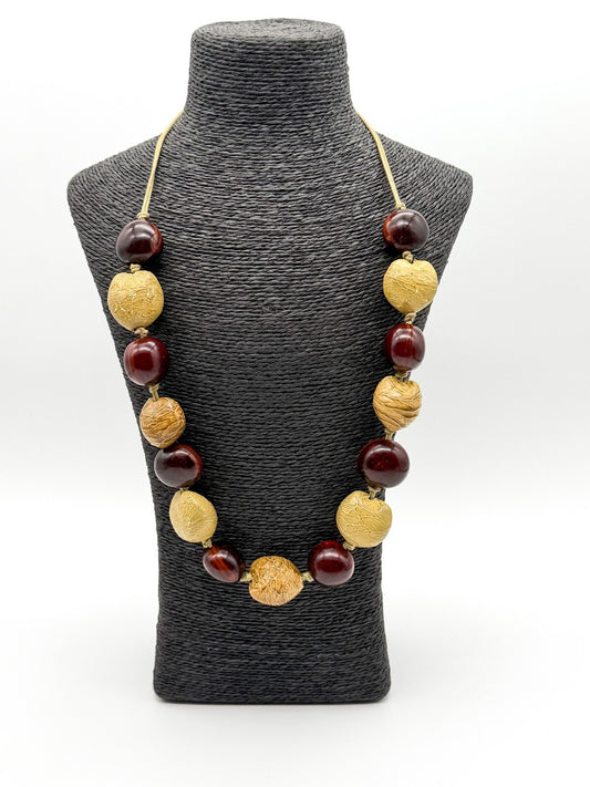 Kukui Nut Statement Necklace Brown Yellow Hand Knotted Adjustable Natural