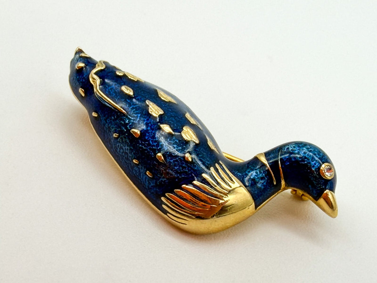Vintage Blue Enamel Duck Bird Brooch Gold Tone Rhinestone Eye Pin
