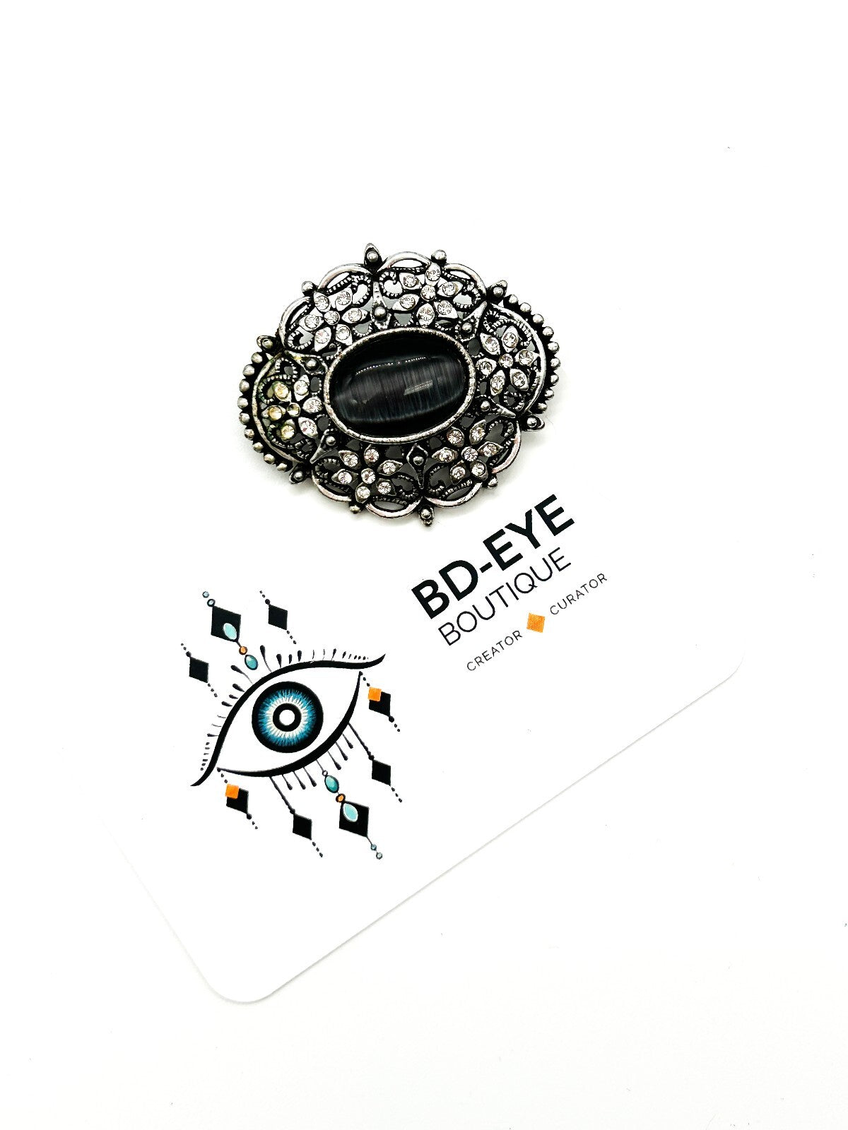 Vintage Style Ornate Cat’s Eye Brooch Grey Glass Cabochon Rhinestone Silver Tone
