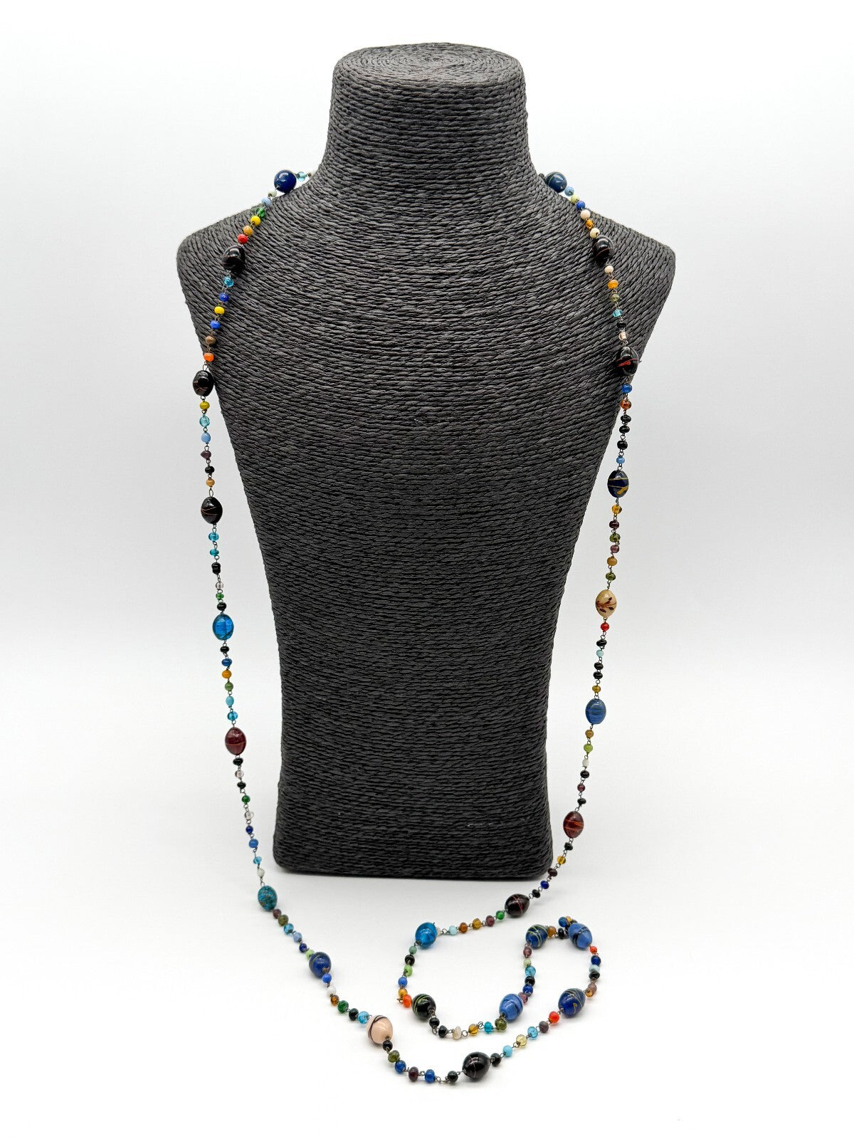 Vintage Murano Glass Necklace Italian Art Glass Flapper Blue Lampwork 26.5”