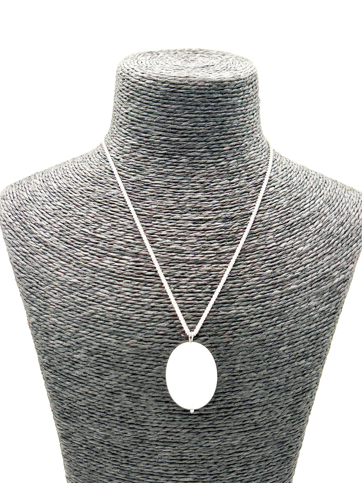 Natural White Jade Pendant Necklace Faceted Oval Gemstone 16.5” Silver Tone