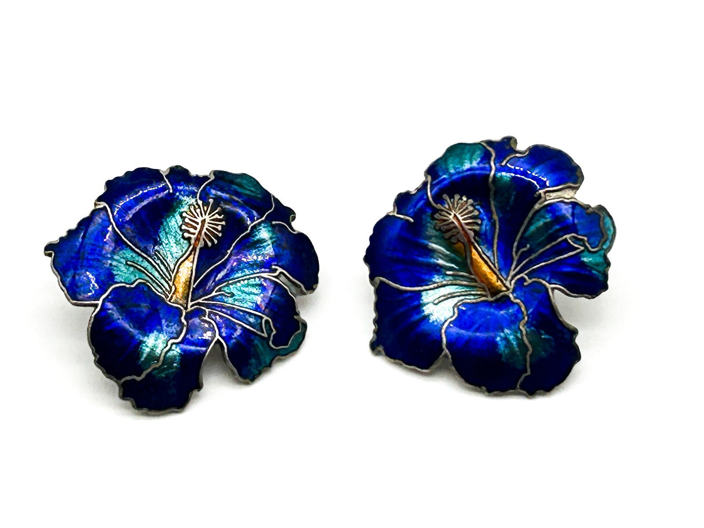 Vintage Cobalt Blue Hibiscus Cloisonné Enamel Flower Statement Stud Earrings