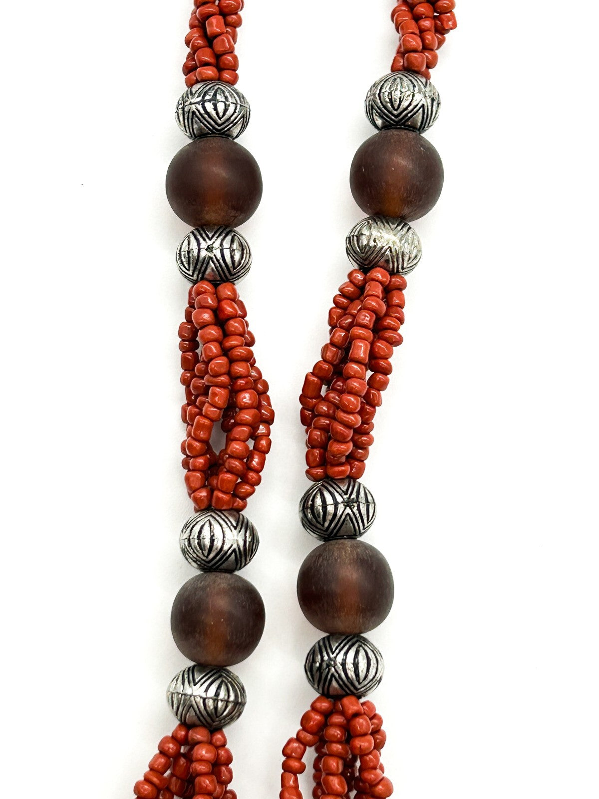 Vintage Tiger’s Eye Amber 6 Strand Tassel Necklace Red Glass Boho Statement