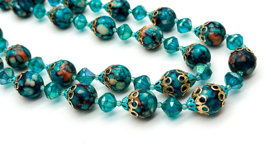 Vintage Hong Kong Double Strand Turquoise Marble Bead Necklace Blue Statement