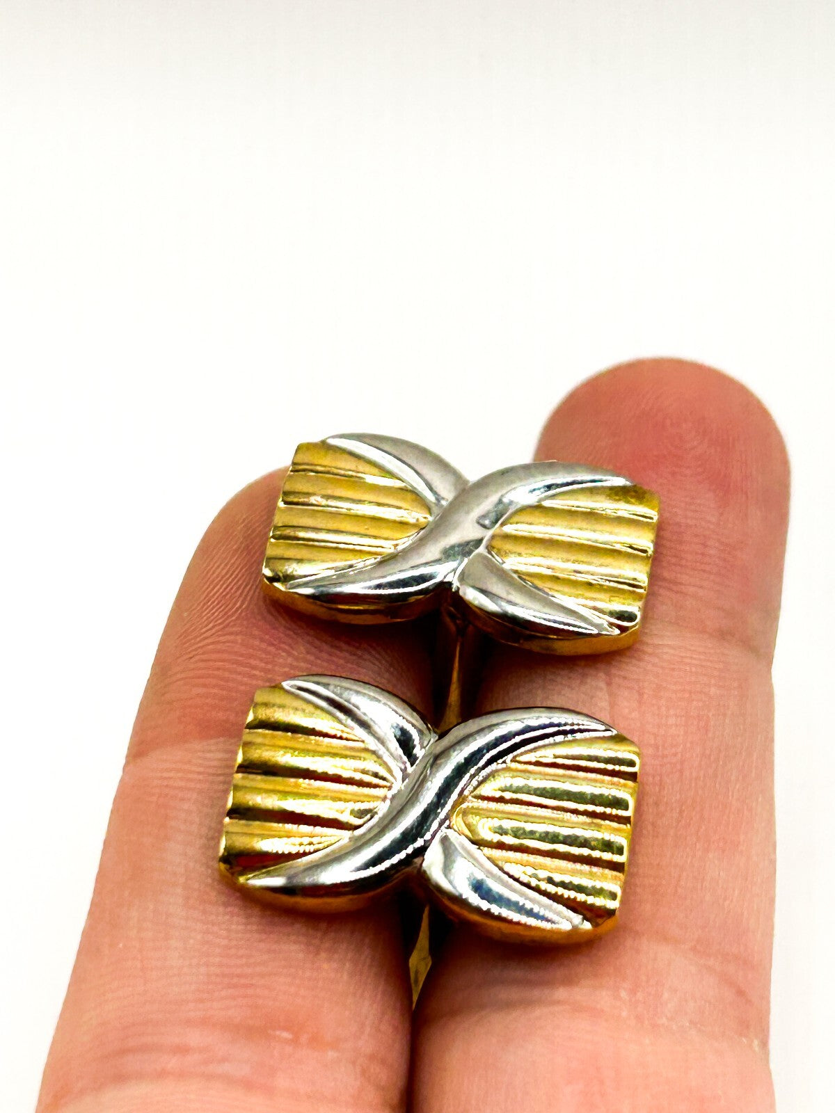 Vintage Two Tone Gold Silver Cufflinks Ridged Geometric Abstract Bullet Back