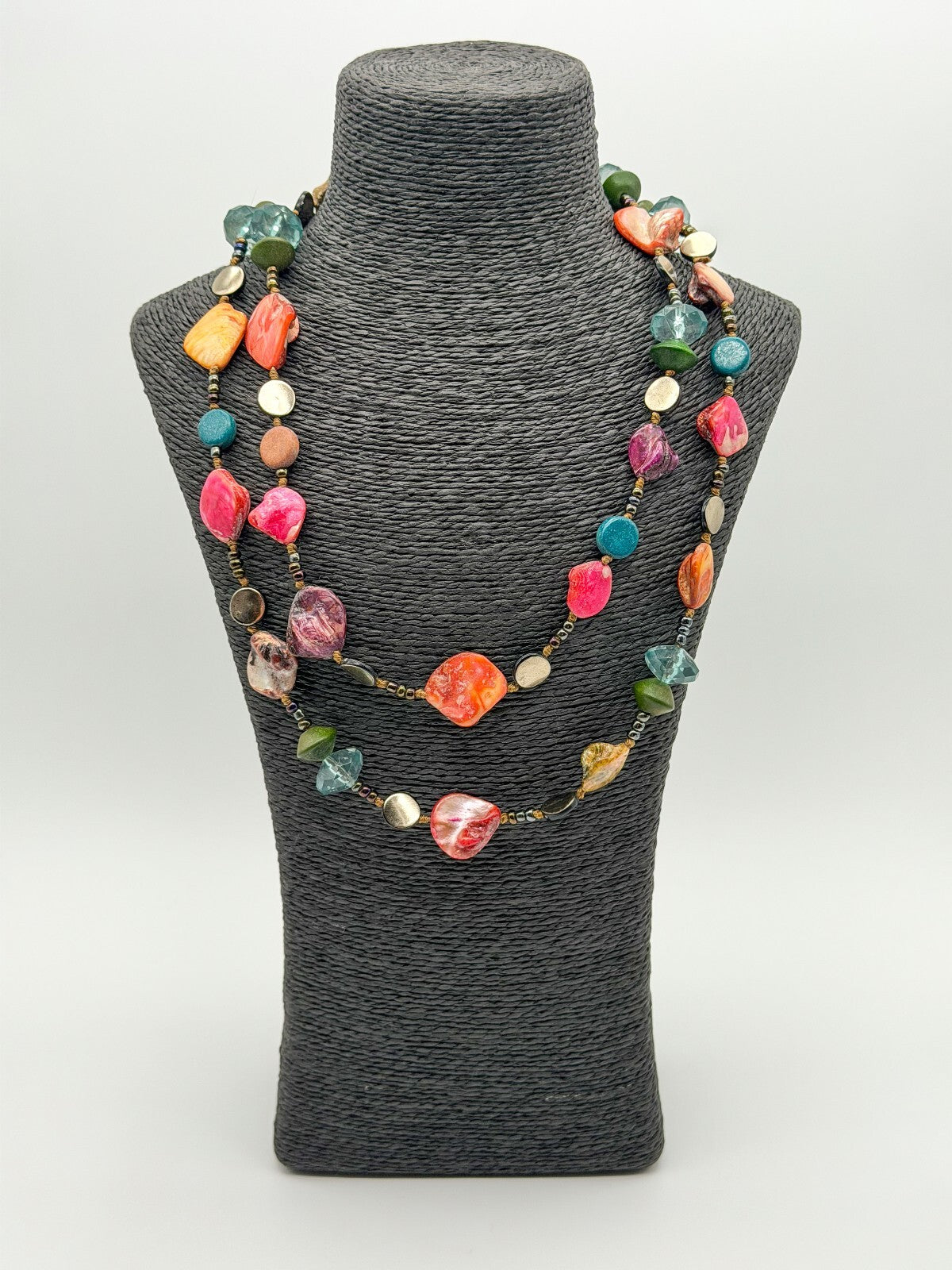 Boho Long Hand Knotted Shell Wood Acrylic Bead Statement Necklace Multicolour